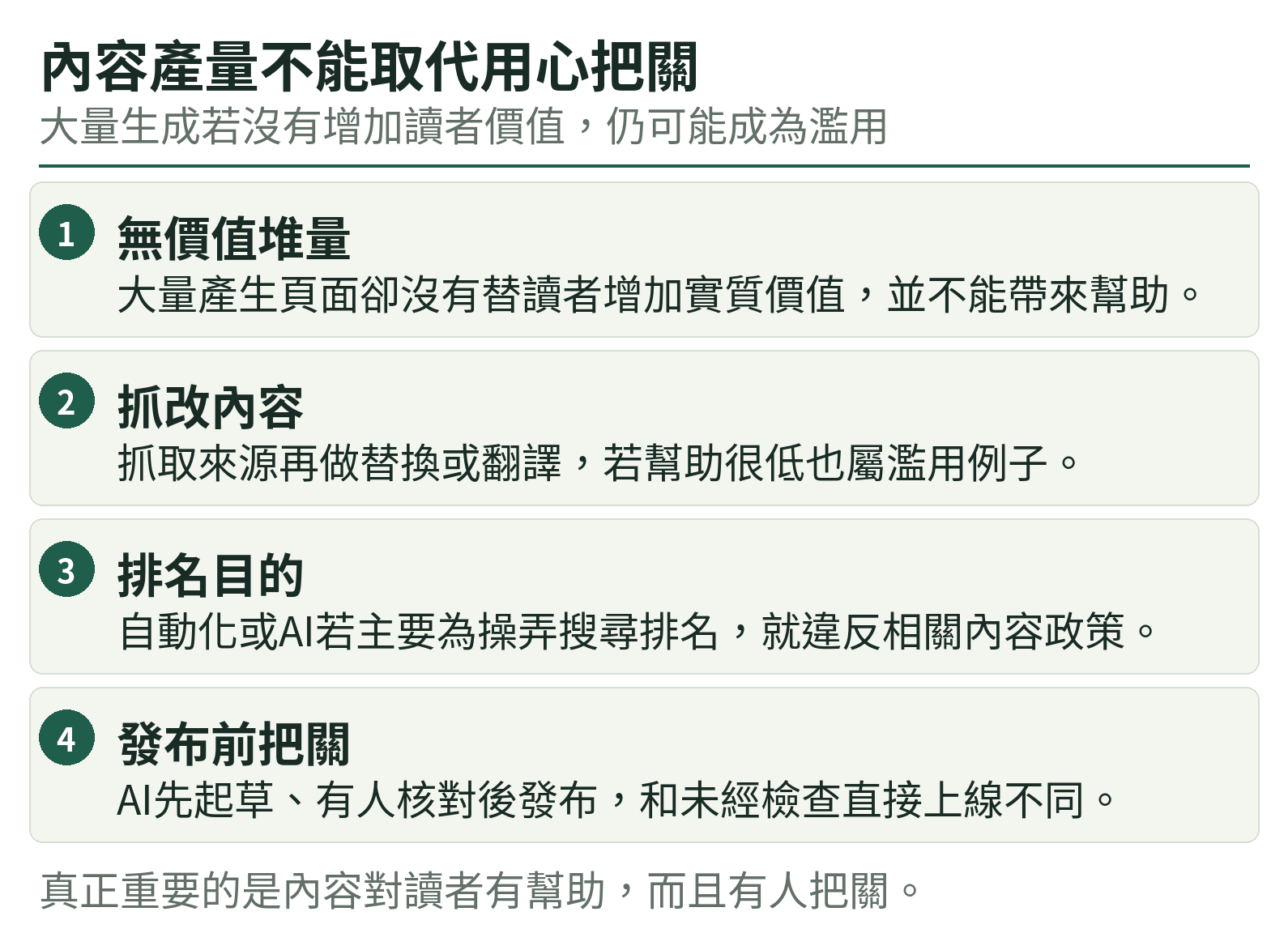 內容產量不能取代用心把關:無價值堆量、抓改內容、排名目的、發布前把關