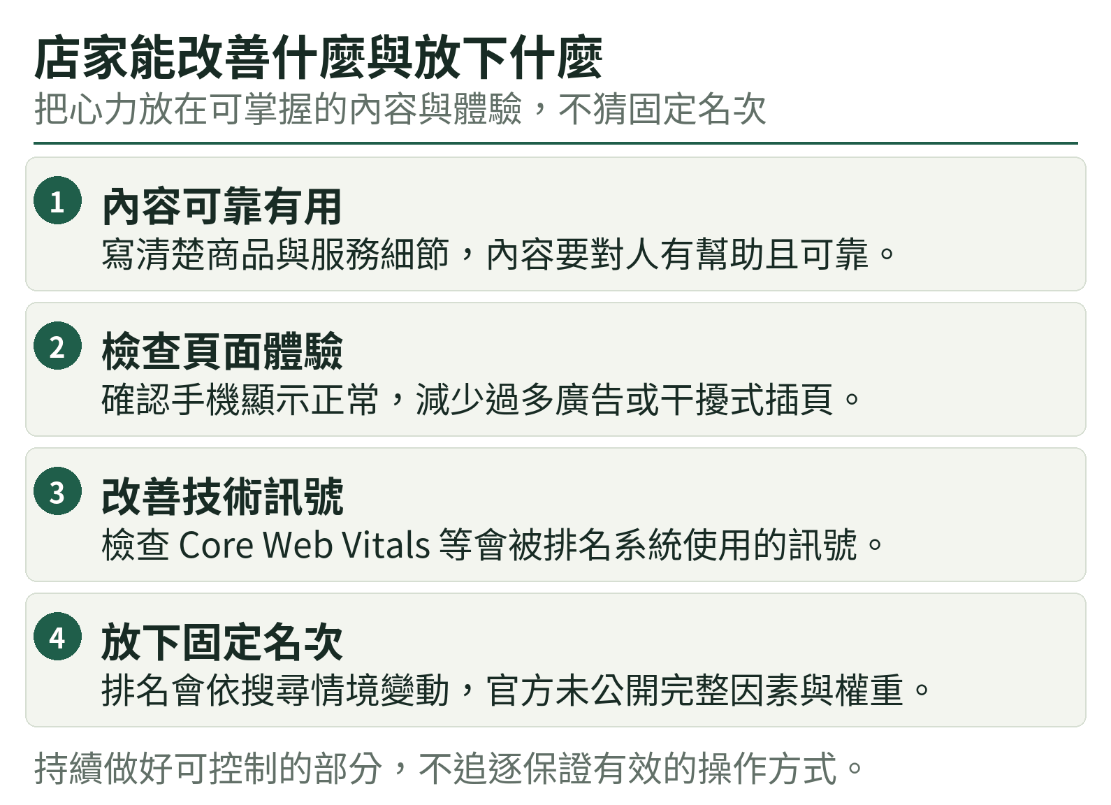 店家能改善什麼與放下什麼:內容可靠有用、檢查頁面體驗、改善技術訊號、放下固定名次