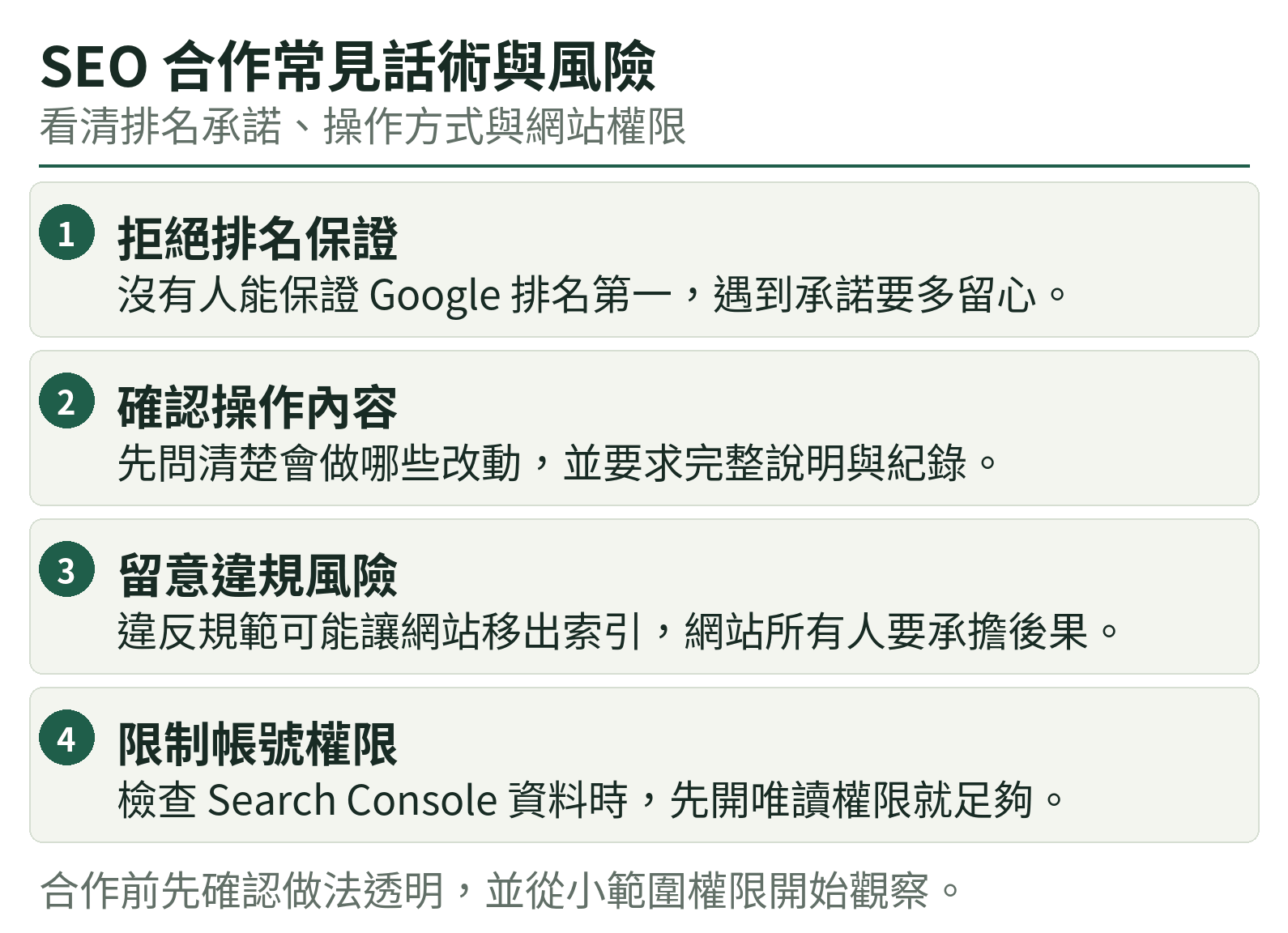 SEO 合作常見話術與風險:拒絕排名保證、確認操作內容、留意違規風險、限制帳號權限