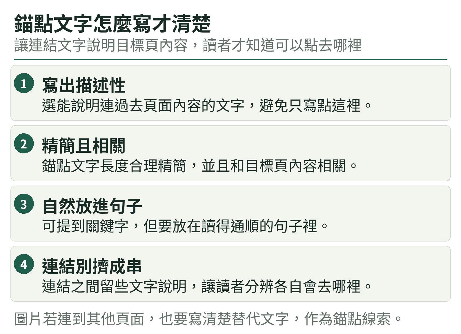 錨點文字怎麼寫才清楚：寫出描述性、精簡且相關、自然放進句子、連結別擠成串