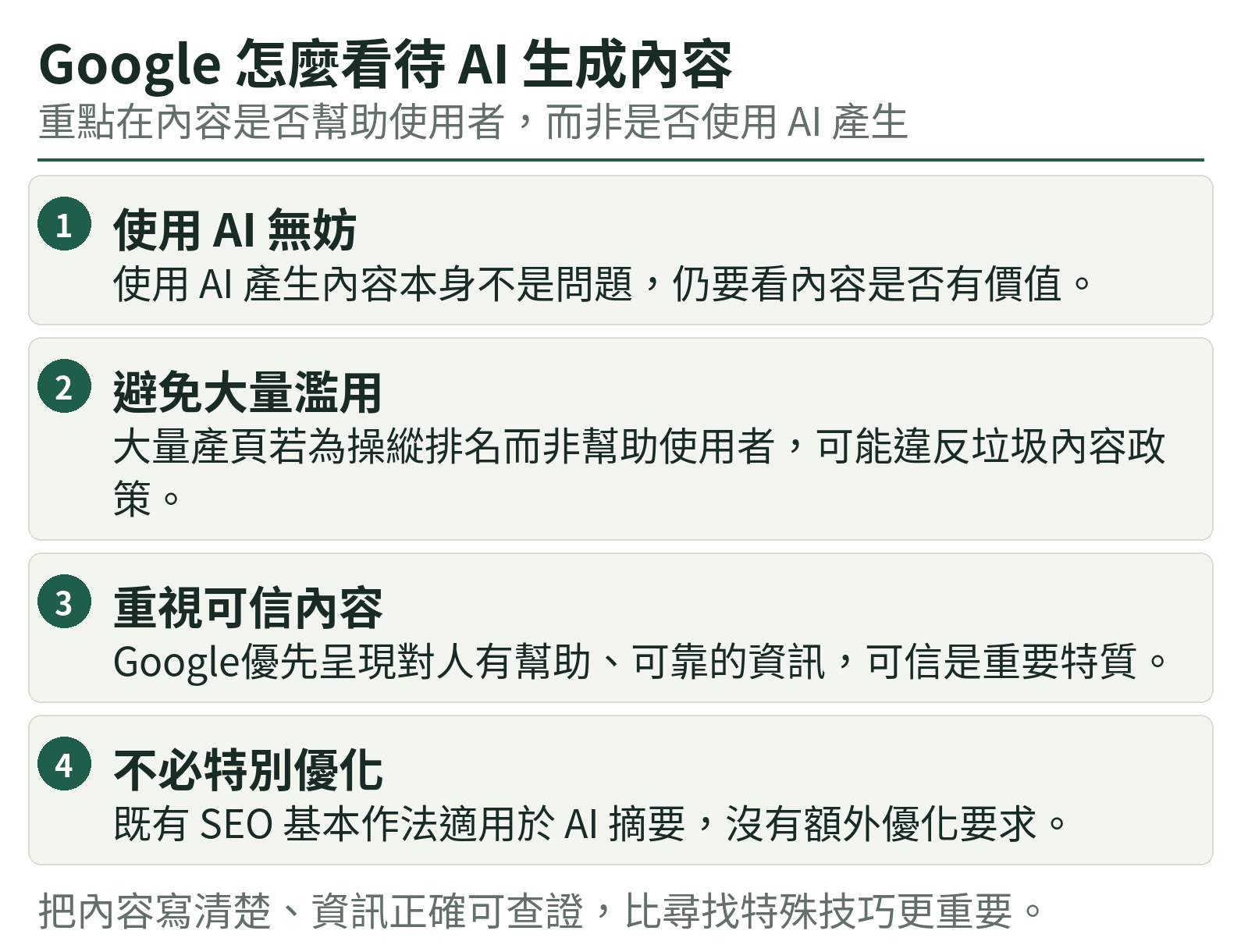 Google 怎麼看待 AI 生成內容:使用 AI 無妨、避免大量濫用、重視可信內容、不必特別優化